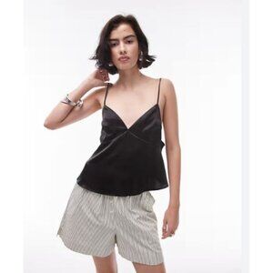 Topshop Black Satin Cami Top With Spaghetti Straps & V-Neckline Womens Size US 6